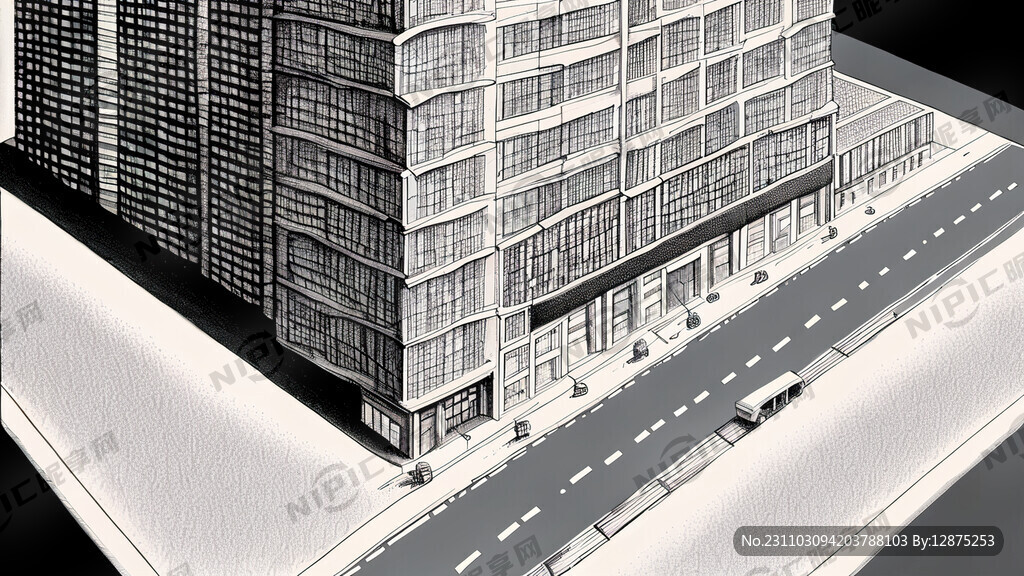 高楼 道路 汽车 书 铅笔