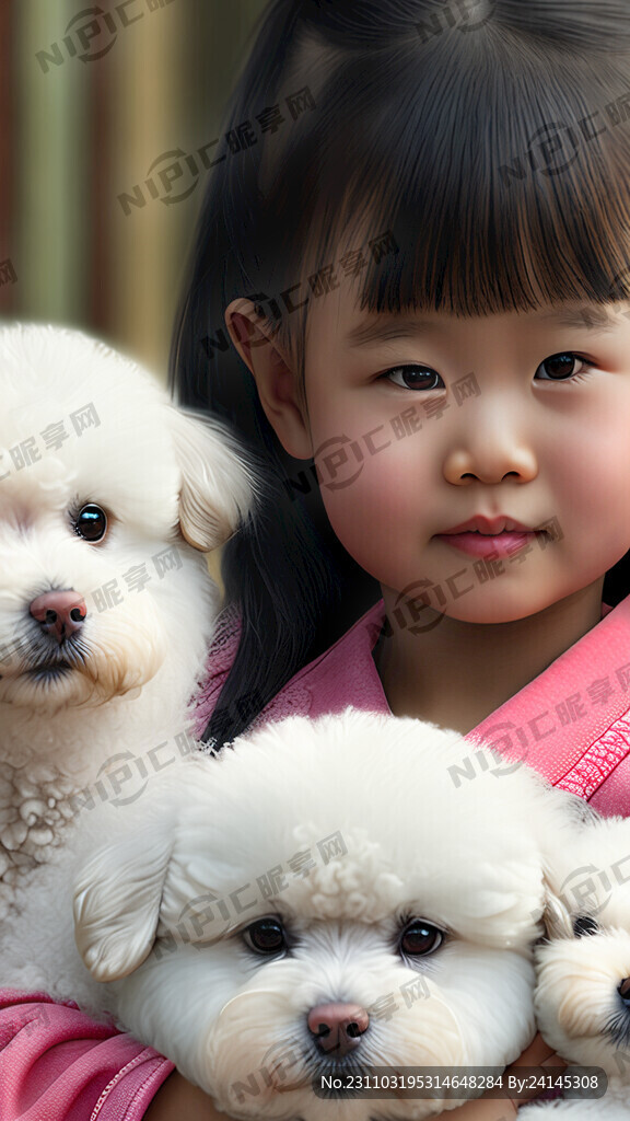小女孩抱着三只比熊犬