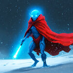 一个外星人，穿着红色披风。在雪地里狂奔，手里握着发蓝色光芒的权杖。