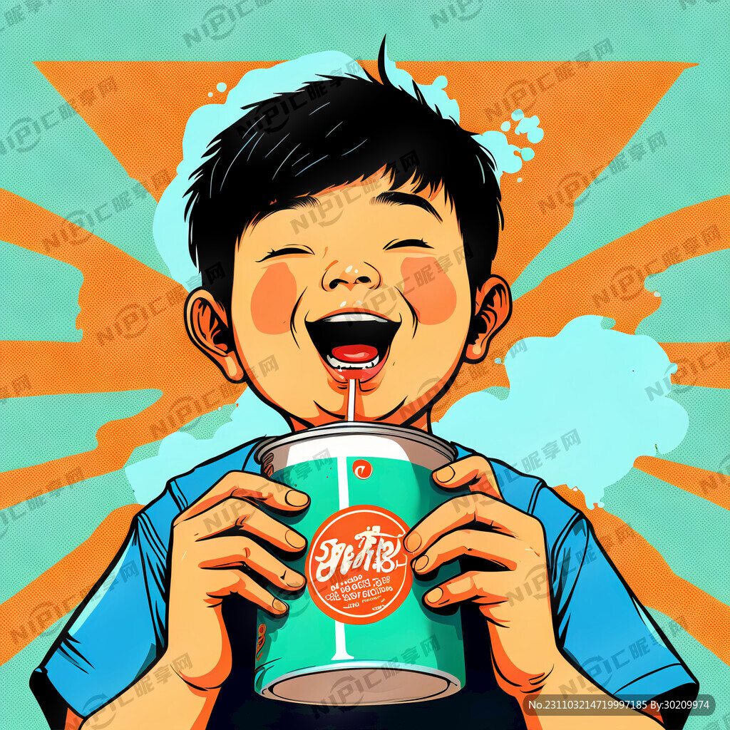 喝汽水的东方男孩 波普插画风格