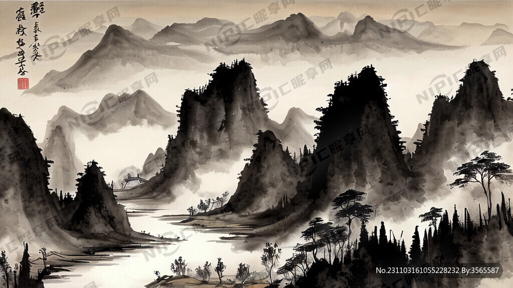 山谷 中国风 中国画 山水