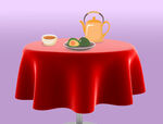 红色桌布上的中式茶点插图