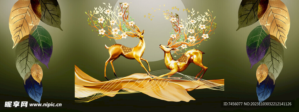 金色麋鹿树叶艺术三联画