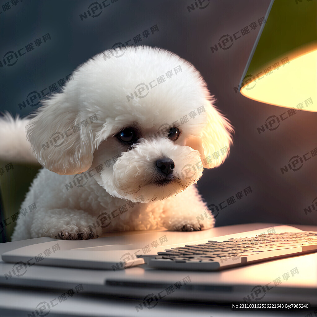 一只可爱的比熊犬在电脑前打字