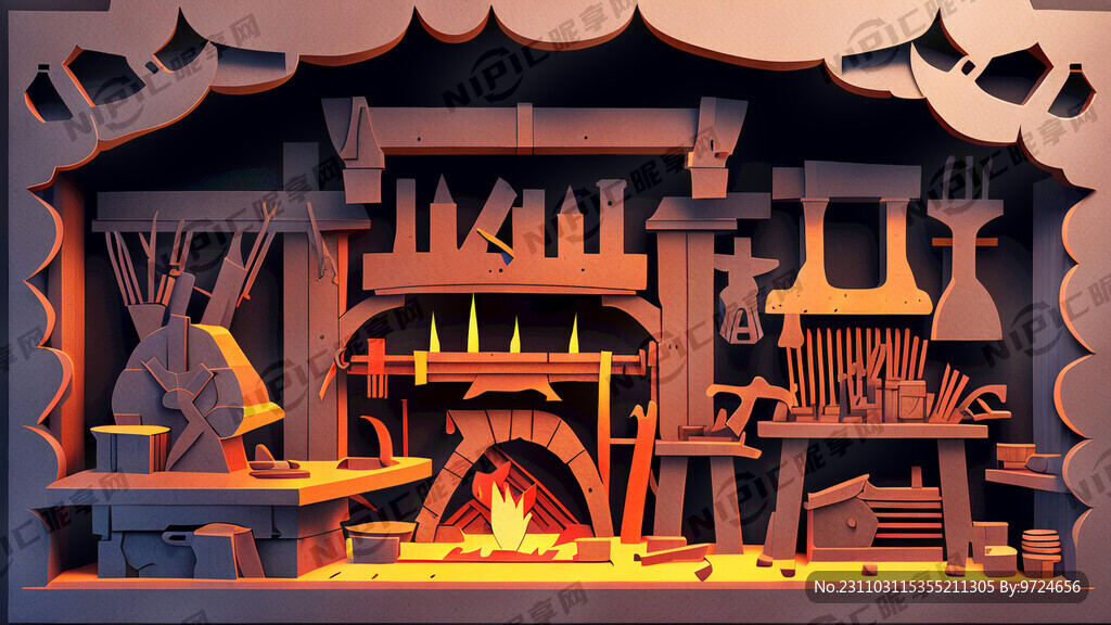 剪纸风格古代铁匠铺子