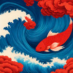 蓝色的海浪与红色的云朵相互旋转交织，画风有大鱼海棠的感觉。