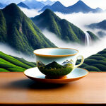 一个盖碗茶具，茶杯中间生出山水，高山流水，有茶山，有更重要的茶农，祥云然绕在山间，颜色吉祥丰富 远景，天空有飞鸟环绕