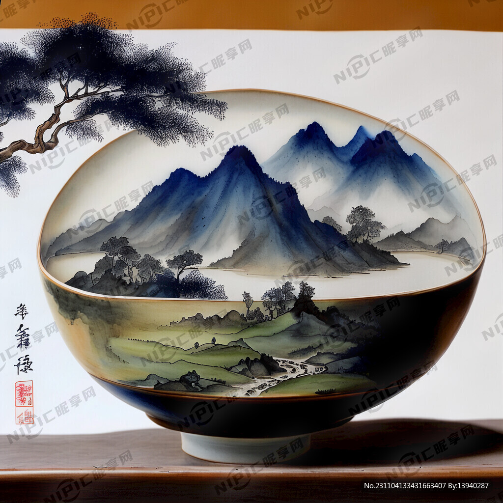 中式盖碗茶具 茶杯中间生出山水