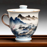 中式盖碗茶具，茶杯中间生出山水，高山流水，有茶山，祥云，凤凰， 然绕在山间，颜色暖色调