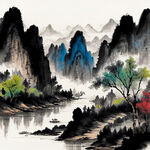 国画色调，中间生出山水，高山流水，有茶山，祥云，凤凰， 然绕在山间，颜色暖色调
