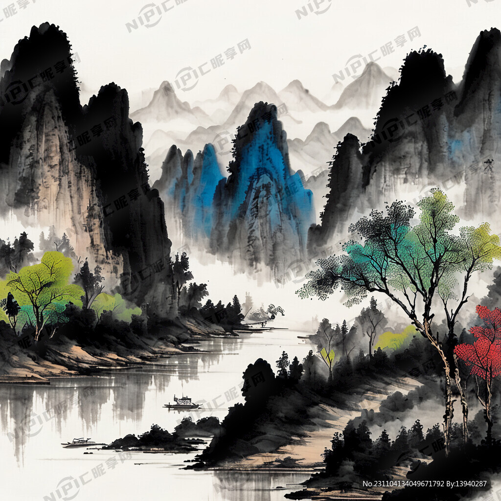 国画色调 中间生出山水 有茶山