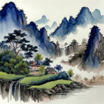 国画色调，中间生出山水，高山流水，有茶山，祥云，凤凰， 然绕在山间，颜色暖色调