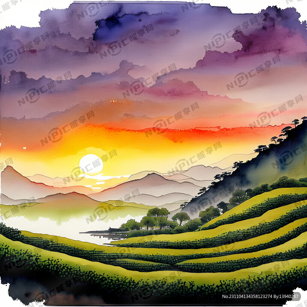 国画色调 夕阳 中间生出山水 