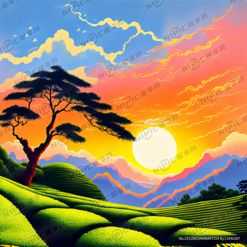 国画色调 夕阳 茶山 高山流水