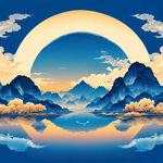 蓝色水龙盘绕，蓝色的身体，山水，祥云，夕阳梦幻场景，颜色暖和吉祥，大场景山高水长。