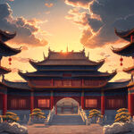 宫廷，中国式建筑，皇宫，建筑上有清晰可见的龙纹，祥云，太阳，云海，然绕，气势恢宏蓬勃，