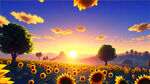 游戏梦幻唯美自然风景，超高清，太阳照射着向日葵，飘渺电影般环境，明亮清晰，阳光明媚