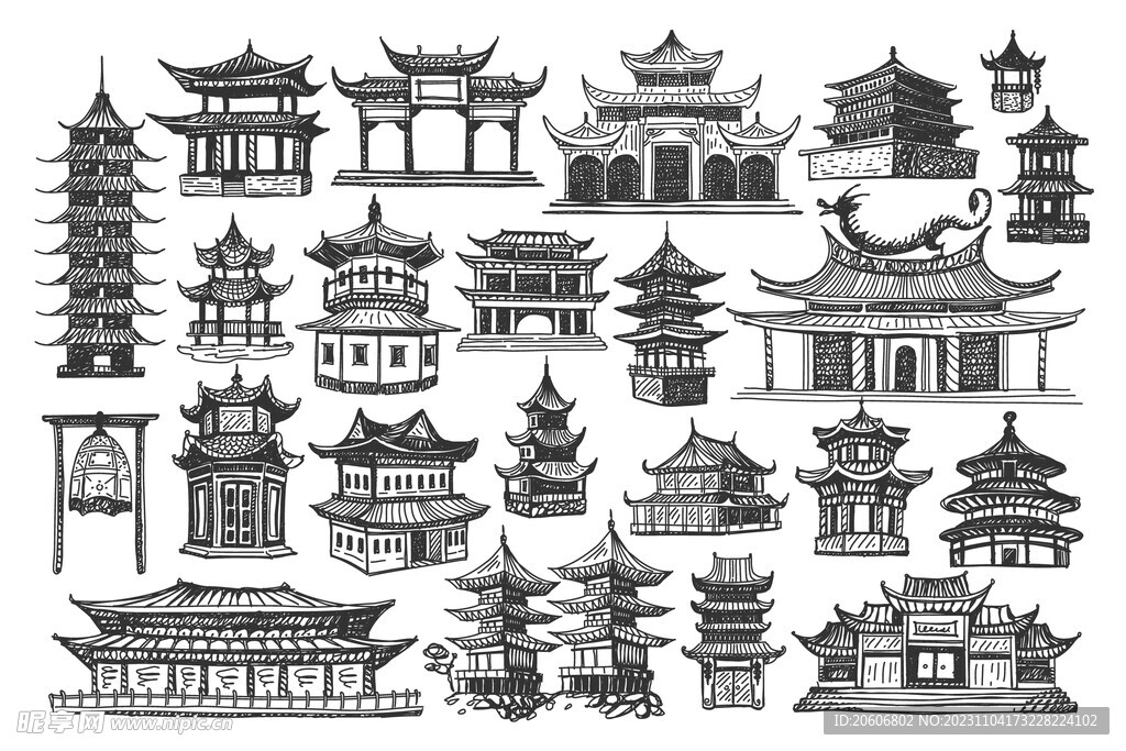 手绘中国风古建筑
