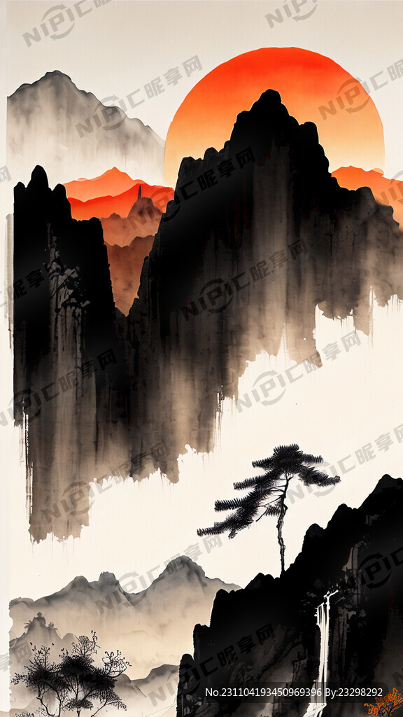 中式山水画 背景墙 日出