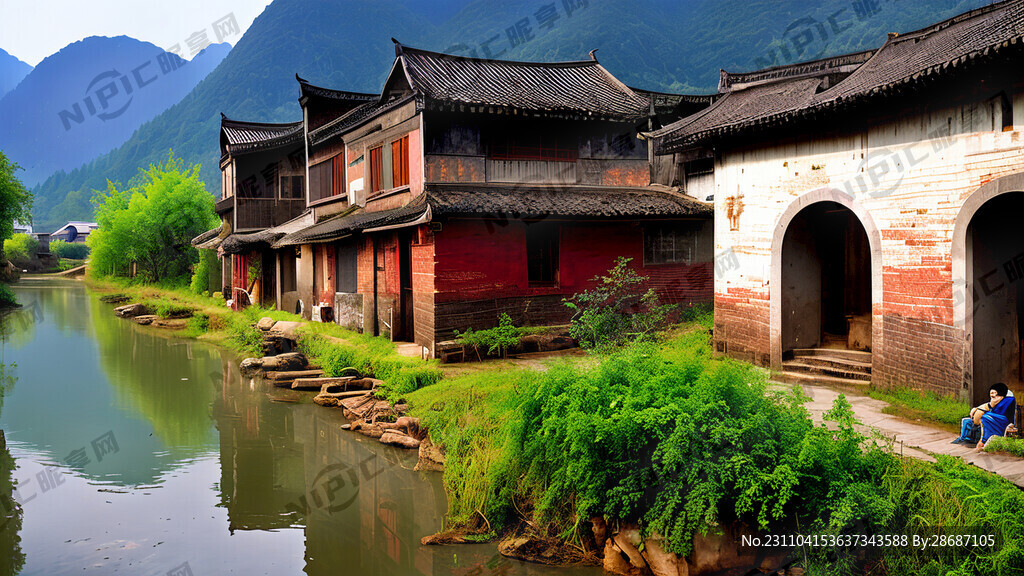 夏季乡村 坐落在大山脚下