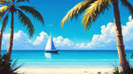 碧海蓝天白云椰子树沙滩海鸥帆船 一帆风顺