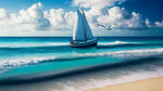 碧海蓝天白云 椰子树 沙滩 海鸥 大船 一帆风顺 风景照片