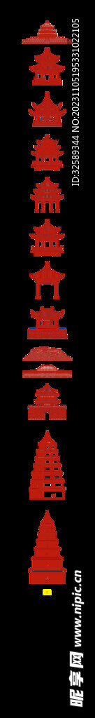  剪纸中国传统古建筑插画 