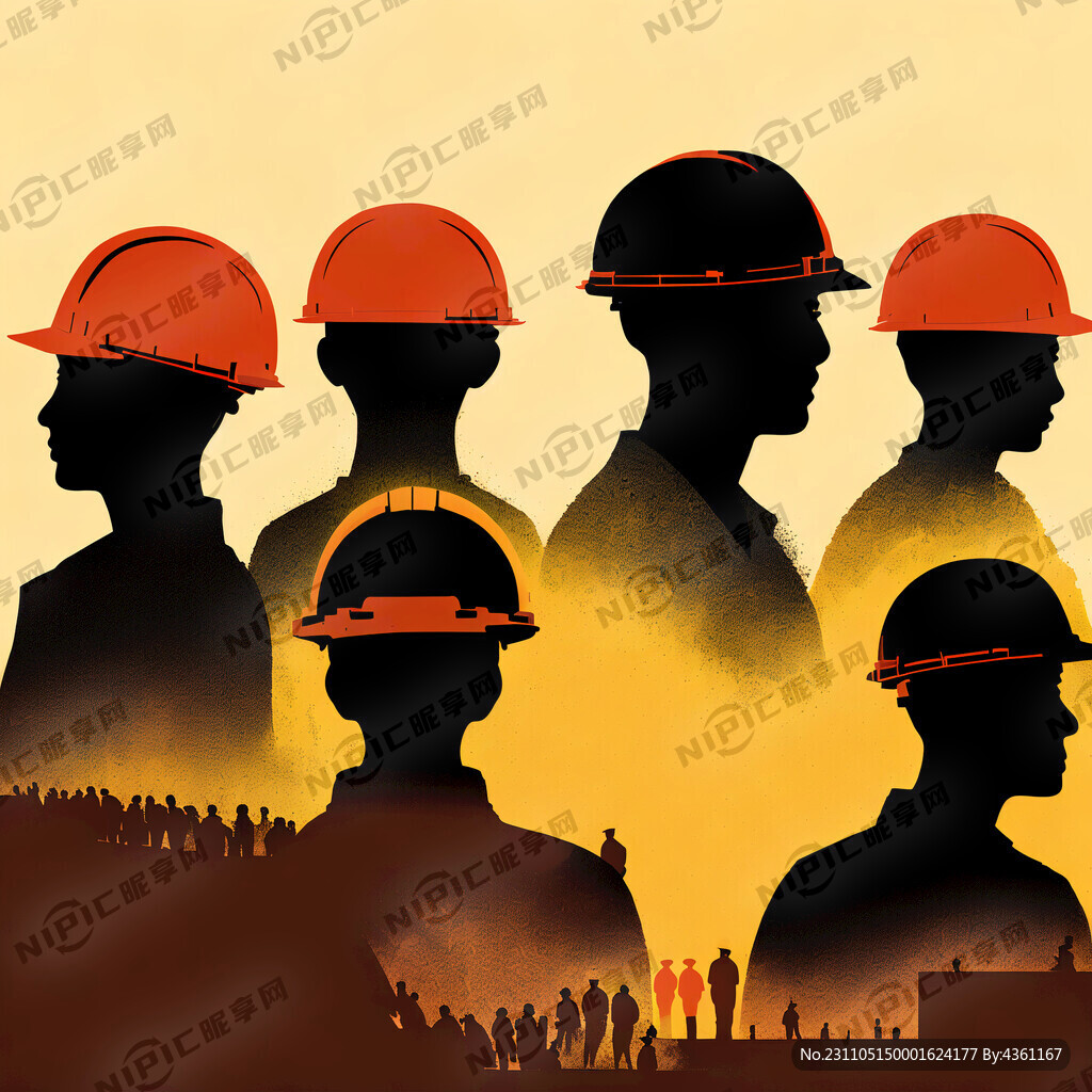 很多一排人正脸带安全帽工人剪影
