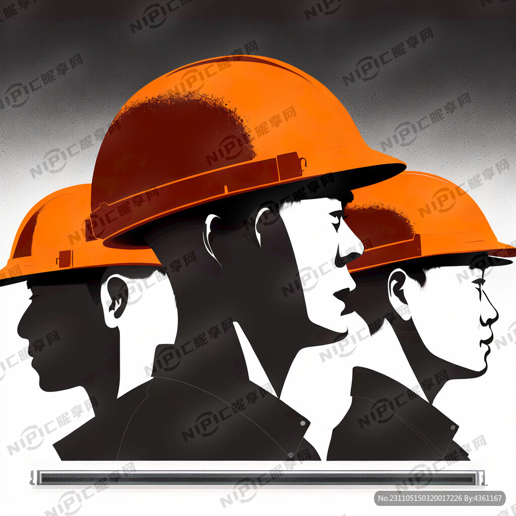 一排正脸带安全帽男工人剪影