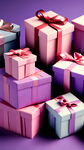 很多很多粉色，紫色的礼盒堆在一起，各种大小，背景莫兰迪色，有非常柔和的光线打在礼盒上，朦胧高级