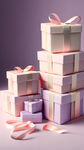 很多很多淡粉色，淡紫色的礼盒堆在一起，丝带也是淡粉色淡紫色，，背景是浅浅的奶咖色，有一束光打在礼盒上
