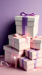 很多很多淡粉色，淡紫色的礼盒堆在一起，丝带也是淡粉色淡紫色，，背景是浅浅的奶咖色，有一束光打在礼盒上，前面有一束玫瑰