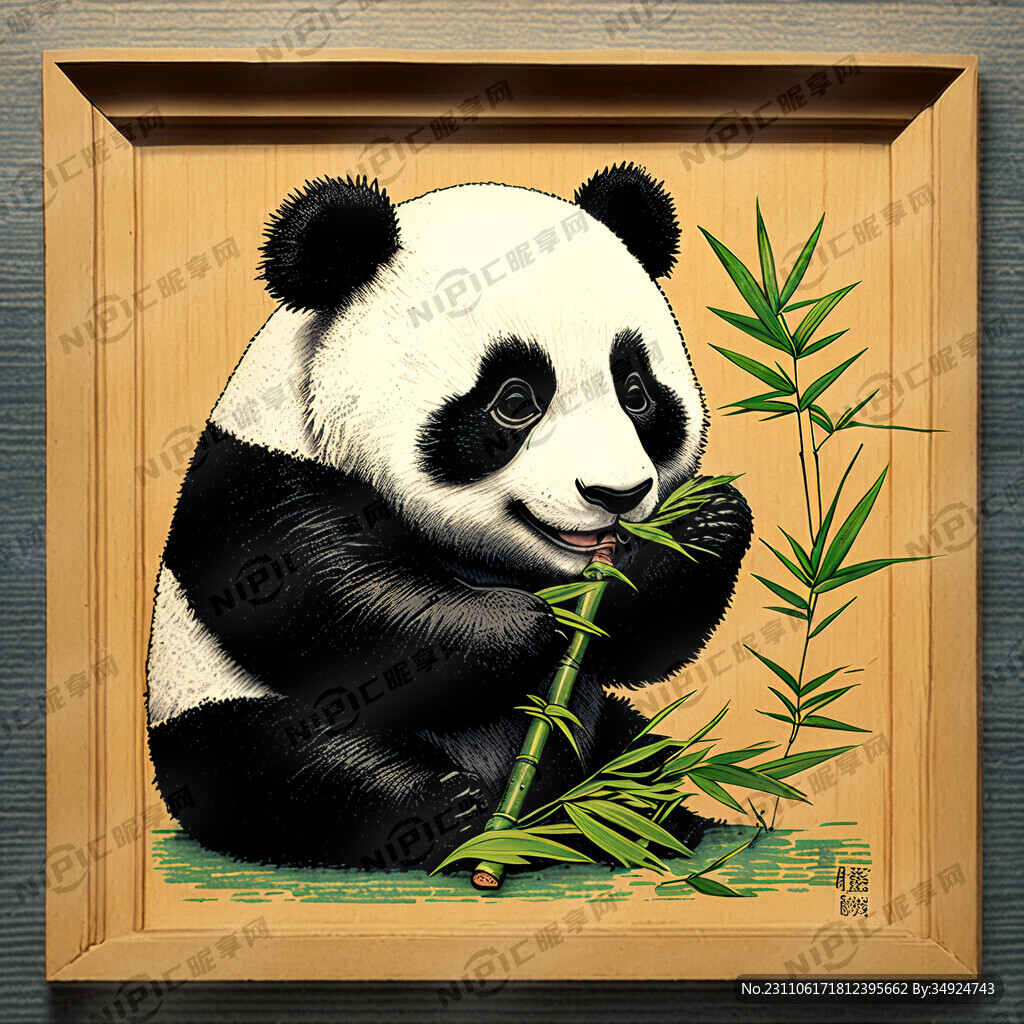 一幅雕版画 在悠闲的吃着竹子