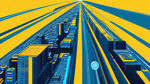 全景，俯视视角，蓝色和黄色的科技线条穿梭，未来感的城市