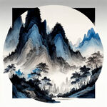 浅蓝色国画山水，清新淡雅，山峦叠嶂