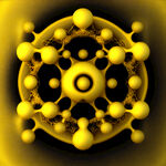 正方体，黄色圆形分子效果，由大大小3D立体面，可以看到3个面，