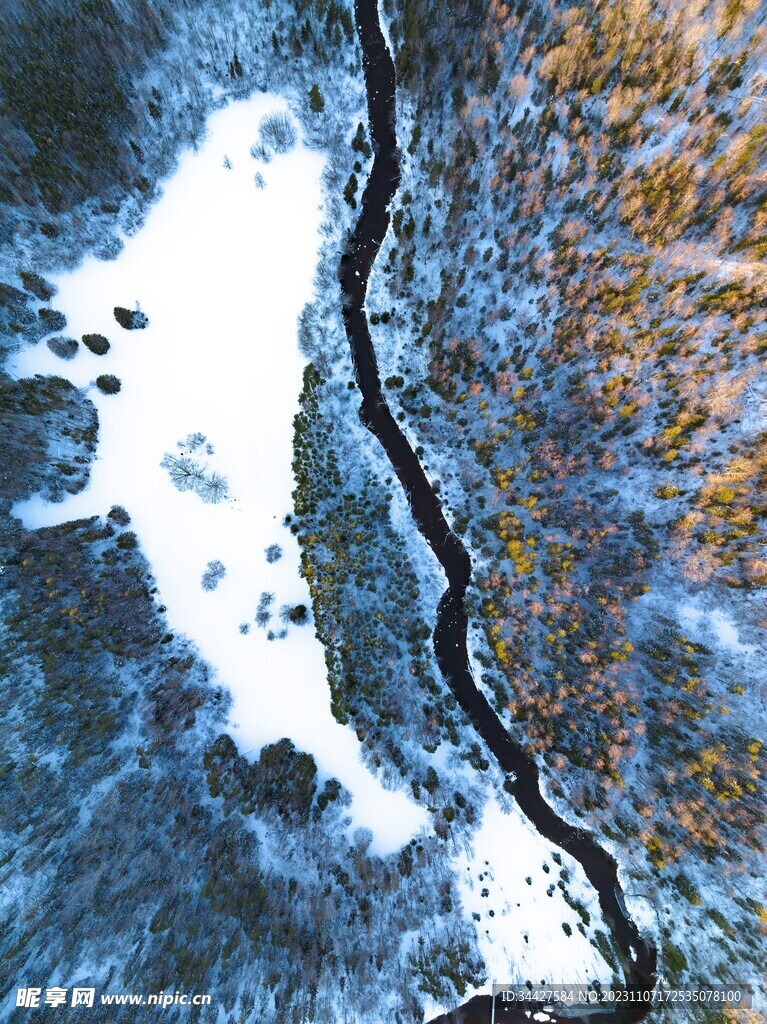 航拍大雪覆盖的树林和河流