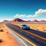 沙漠上的公路，跑车，蓝天