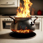 厨房里油锅着火了，用锅盖盖上去灭火，实拍照片