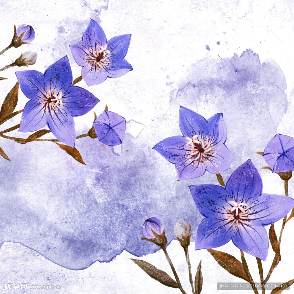 紫色花卉水墨素材