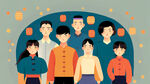小清新，扁平插画，人物，年轻人，几何图案，人群