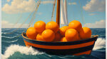 特写视角，平视视角，海上航船，搬运橙子，欧洲古典画风