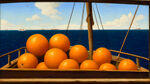 平视视角，海上航船甲板，船员搬运一筐橙子，欧洲古典画风