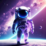 可爱宇航员在太空行走  紫蓝色深邃太空  科幻宇宙飞船  背景是蓝色星球  高清渲染多细节