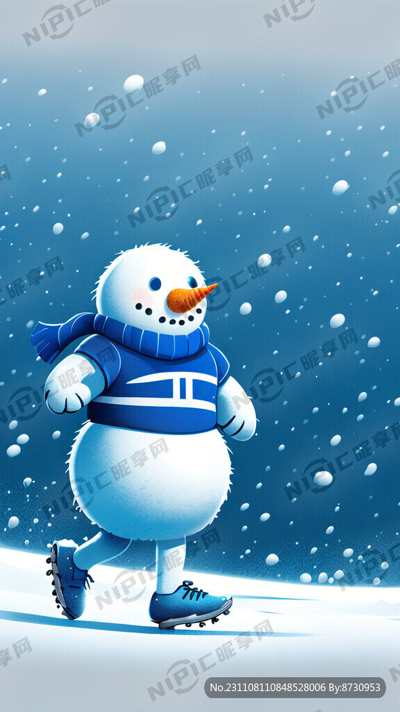 穿着蓝色球衣的雪人在雪地上踢足