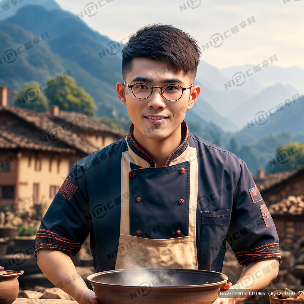 年轻厨师带眼镜短发 背景柴火灶