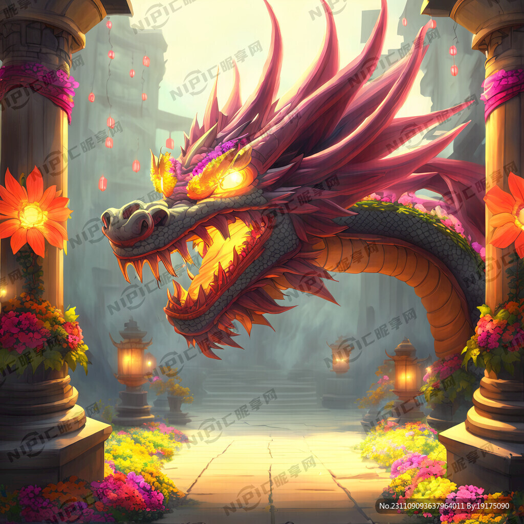 龙缠绕柱子节日花灯 仰头
