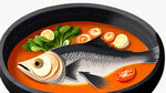 一个菜 黑色的石锅 里面有个大鱼头 汤汁浓郁 各种配菜
