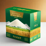 五常大米包装盒设计，底部绿色水稻田，背景有远山，稻穗特写