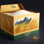 高档大米包装盒设计，画面元素有水稻田，农民伯伯，麦穗，群山